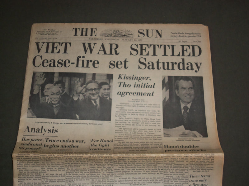 1973 JANUARY 24 THE BALTIMORE SUN - VIETNAM WAR SETTLED - CEASE FIRE - NP 2950