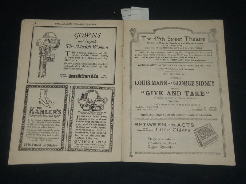 1923 GIVE AND TAKE - 49TH ST. THEATRE PROGRAM - NEW YORK - J 5690