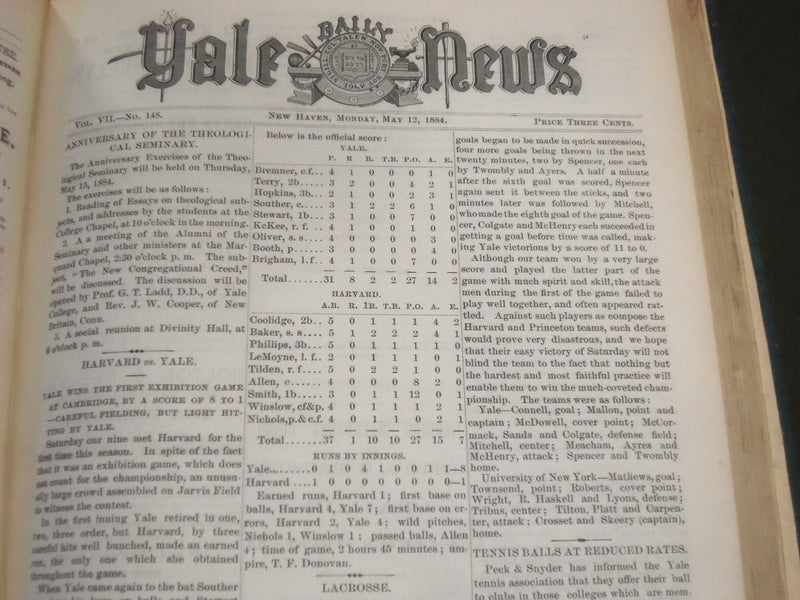 1883-1884 SEPT-JUNE YALE NEWS MAGAZINE BOUND VOLUME NO. 7 - SPORTS - KD 4589