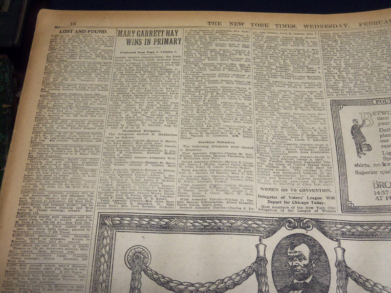1920 FEBRUARY 11 NEW YORK TIMES - MARY GARRETT HAY WINS IN PRIMARIES - NT 7867
