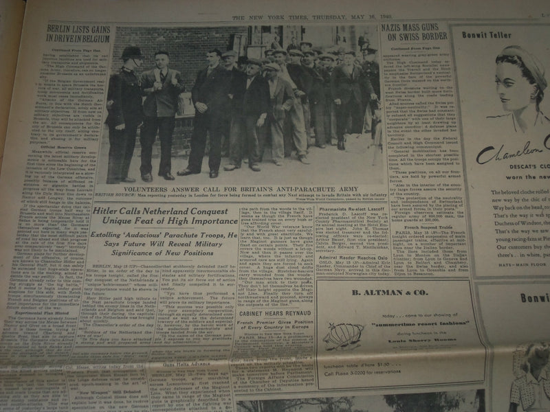 1940 MAY 16 NEW YORK TIMES - GREAT BATTLE FLUCTUATES ON 60 MILE FRONT - NP 3609