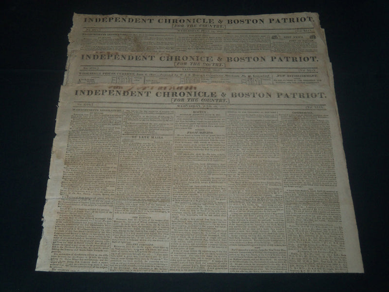 1817 INDEPENDENT CHRONICLE & BOSTON PATRIOT NEWSPAPER LOT OF 3 - NP 610