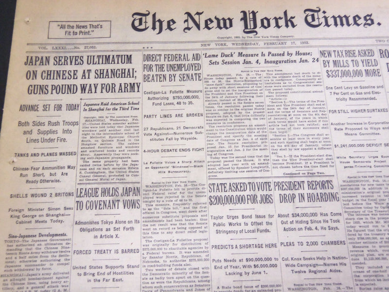 1932 FEBRUARY 17 NEW YORK TIMES - JAPAN SERVES ULTIMATUM ON CHINESE - NT 4771