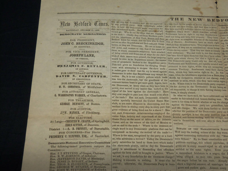 1860 OCTOBER 13 NEW BEDFORD MASS. TIMES NEWSPAPER - LINCOLN - DOUGLAS - NP 4960