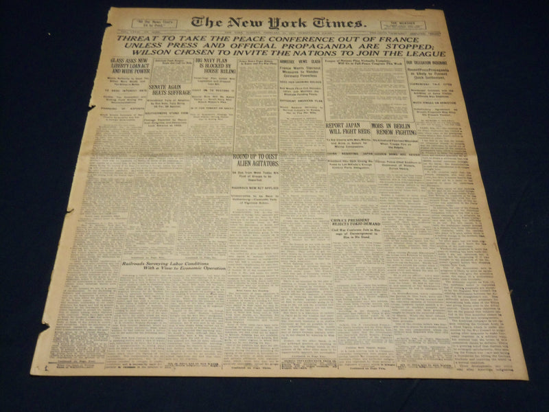 1919 FEBRUARY 11 NEW YORK TIMES - THREAT TO PEACE CONFERENCE - NT 7964