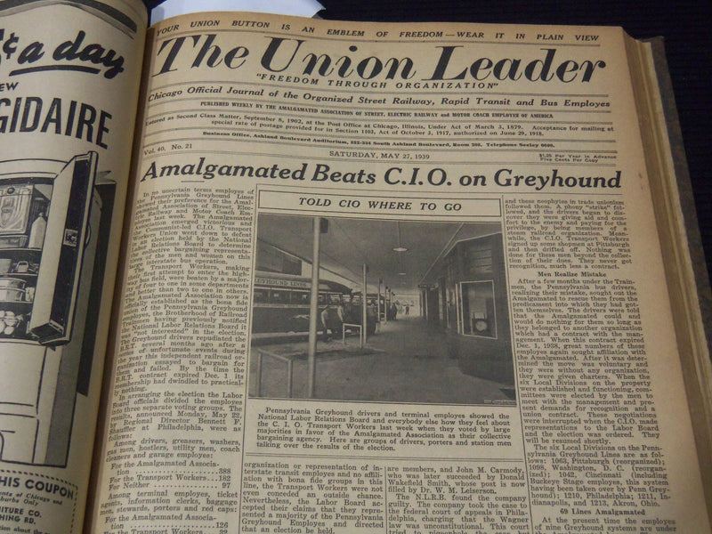 1939 THE UNION LEADER - CHICAGO RAILWAY - RAPID - BUS EMPLOYEES BOUND VOLUME