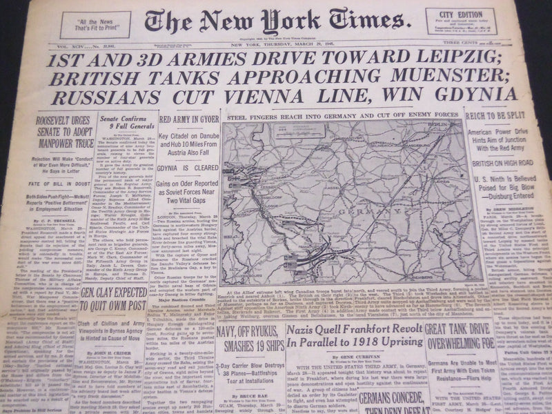 1945 MARCH 29 NEW YORK TIMES - 1ST AND 3D ARMIES DRIVE TO LEIPZIG - NT 4373