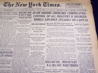 1936 JULY 29 NEW YORK TIMES - BARCELONA AUTO PLANTS REPORTED SEIZED - NT 2109