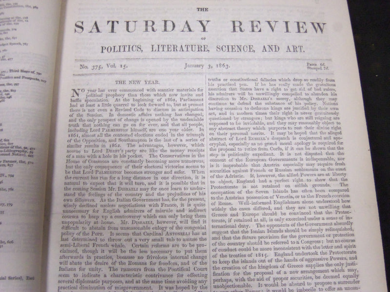 1863 SATURDAY REVIEW 2 BOUND VOLUMES - COMPLETE YR- PUBLISHED IN LONDON - R 1083