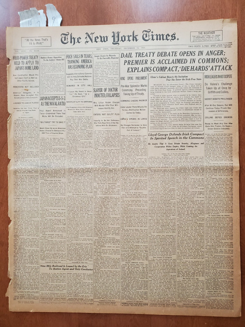 1921 DECEMBER 15 NEW YORK TIMES - DAIL TREATY DEBATE OPENS IN ANGER - NT 8056