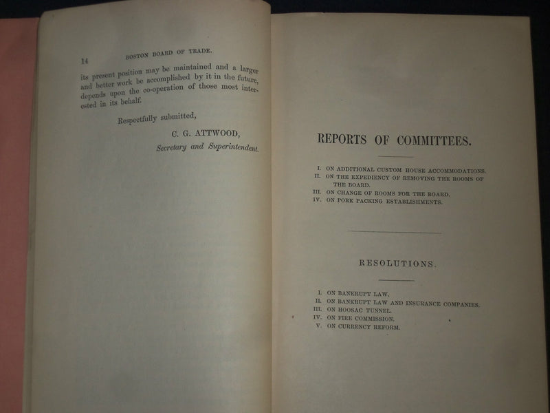 1874 BOSTON BOARD OF TRADE 20TH ANNUAL REPORT BY CORNELIUS G. ATTWOOD - J 4524