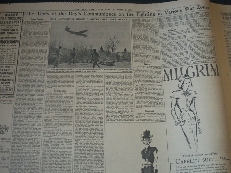 1945 APRIL 1 NEW YORK TIMES NEWSPAPER -ALLIES SWEEP IN REICH ROUT GROWS- NT 7285