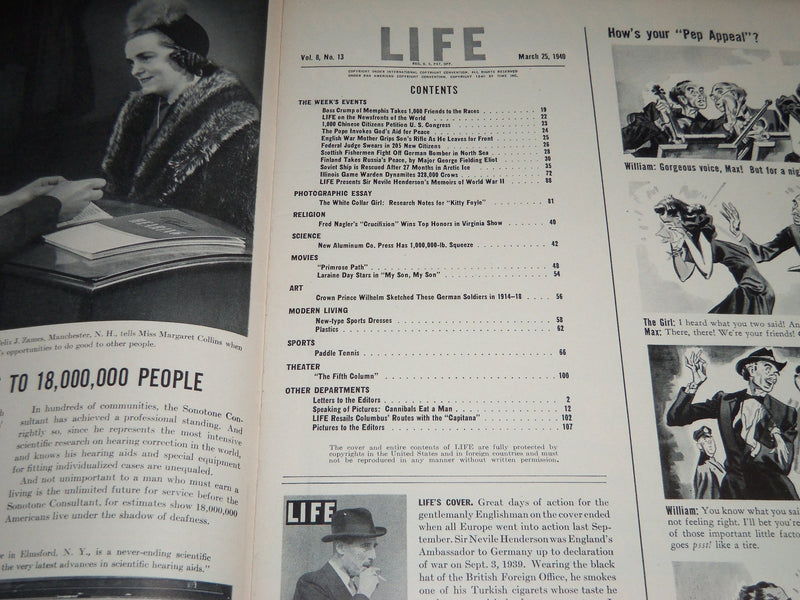 1940 MARCH 25 LIFE MAGAZINE - SIR EVILLE HENDERSON COVER - L 175