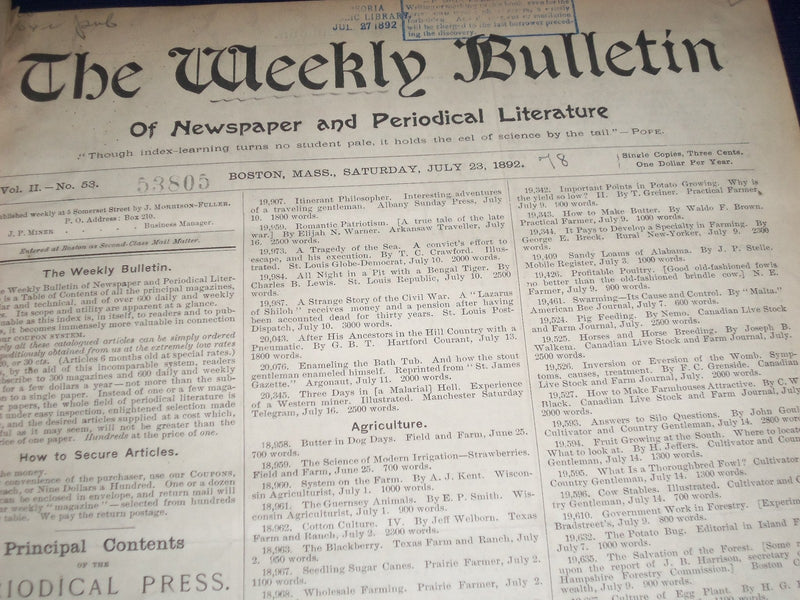 1892 JUL -DEC THE WEEKLY BULLETIN OF NEWSPAPER& PERIODICAL LITERATURE - KD 2378