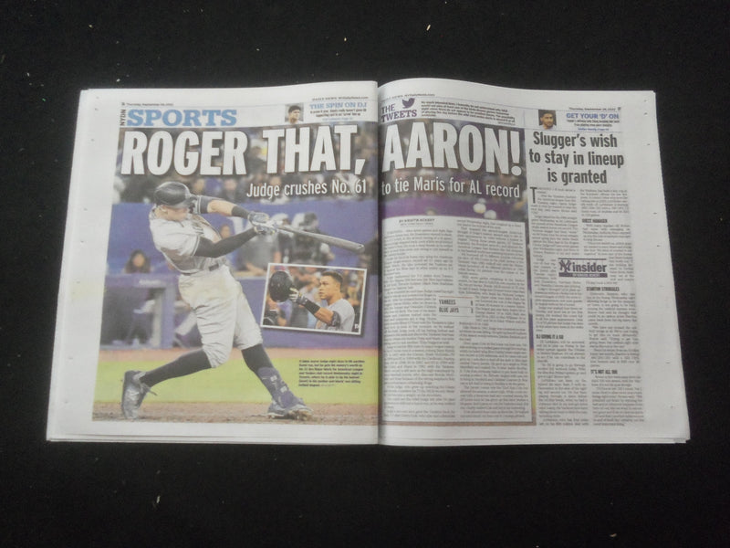 2022 SEPTEMER 29 NEW YORK DAILY NEWS NEWSPAPER - AARON JUDGE HITS HOME RUN #61
