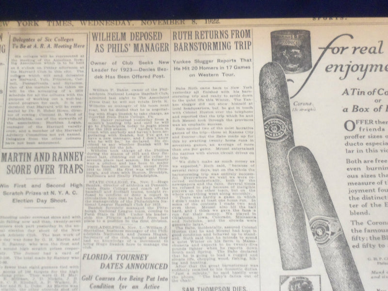 1922 NOVEMBER 8 NEW YORK TIMES - SMITH SWEEPS STATE, WINS BY 375,000 - NT 8421