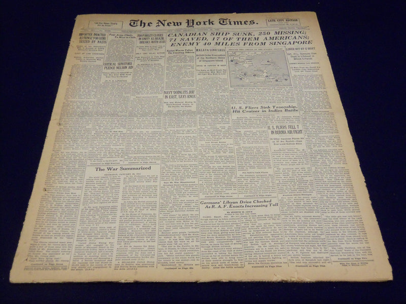 1942 JANUARY 29 NEW YORK TIMES - CANADIAN SHIP SUNK 250 MISSING - NT 1589