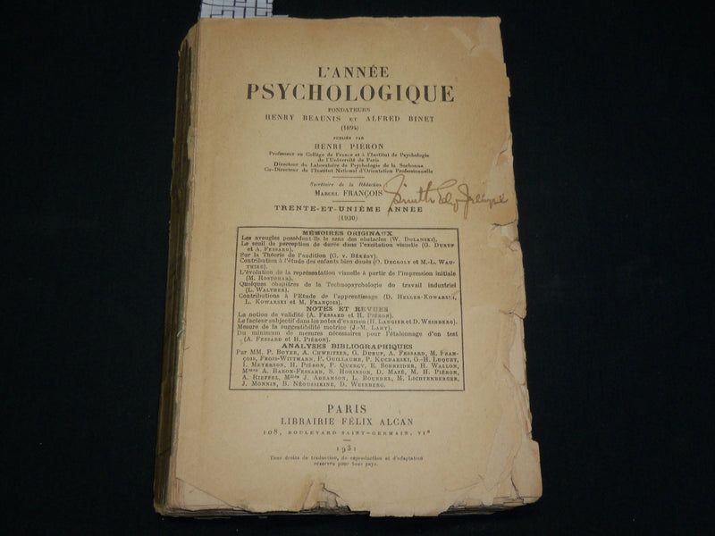 1931 L'ANNEE PSYCHOLOGIQUE FRENCH MAGAZINE BY HENRI PIERON - J 6574