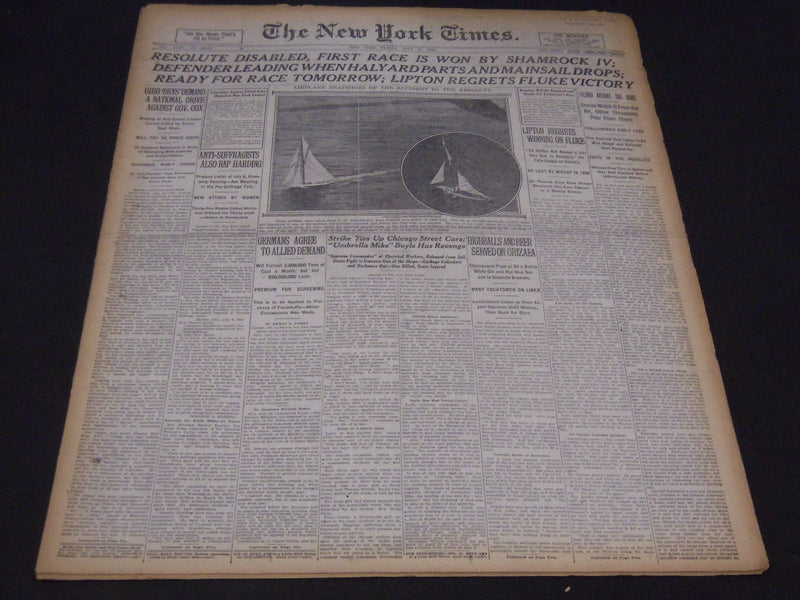 1920 JULY 16 NEW YORK TIMES - RESOLUTE DISABLED, SHAMROCK WON RACE - NT 5368