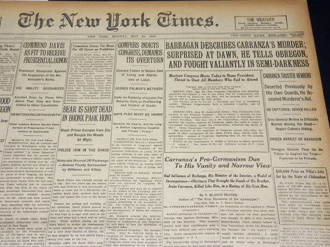 1920 MAY 24 NEW YORK TIMES - BARRAGAN DESCRIBES CARRANZA'S MURDER - NT 8684