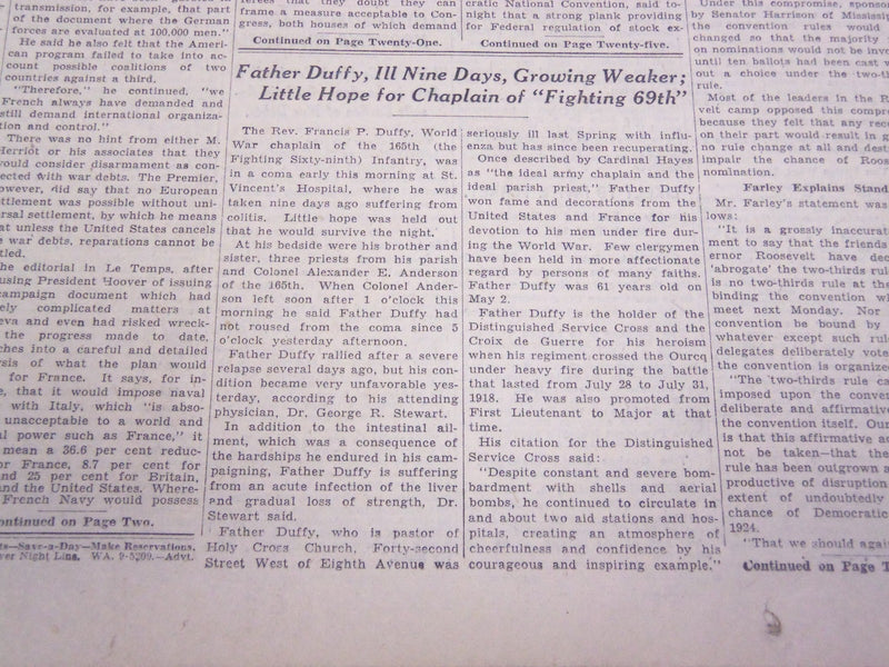 1932 JUNE 26 NEW YORK TIMES - FATHER DUFFY GROWING WEAKER, LITTLE HOPE - NT 4986