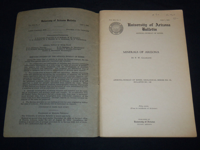 1941 JULY 1 MINERALS OF ARIZONA BY GALBRAITH- UNIV. OF ARIZONA BULLETIN - J 8199