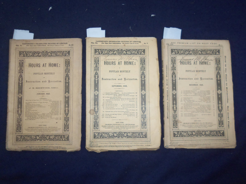 1868 JAN-SEP-NOV HOURS AT HOME MONTHLY MAGAZINE - LOT OF 3 - J 9796