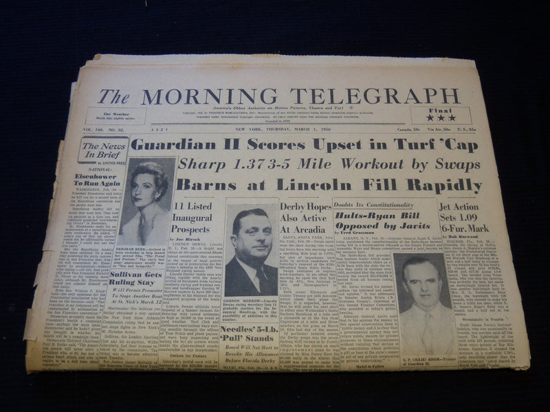 1956 MARCH 1 MORNINGS TELEGRAPH NEWSPAPER - GUARDGIAN II SCORES UPSET - NP 5815