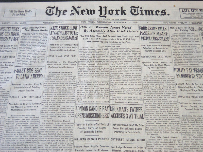 1936 FEB 12 NEW YORK TIMES RAG EDN- NAZIS STRIKE BLOW AT CATHOLIC YOUTH- NT 6717