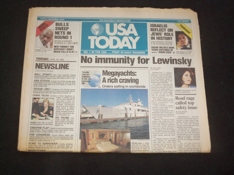 1998 APRIL 30 USA TODAY NEWSPAPER - NO IMMUNITY FOR LEWINSKY - NP 7918