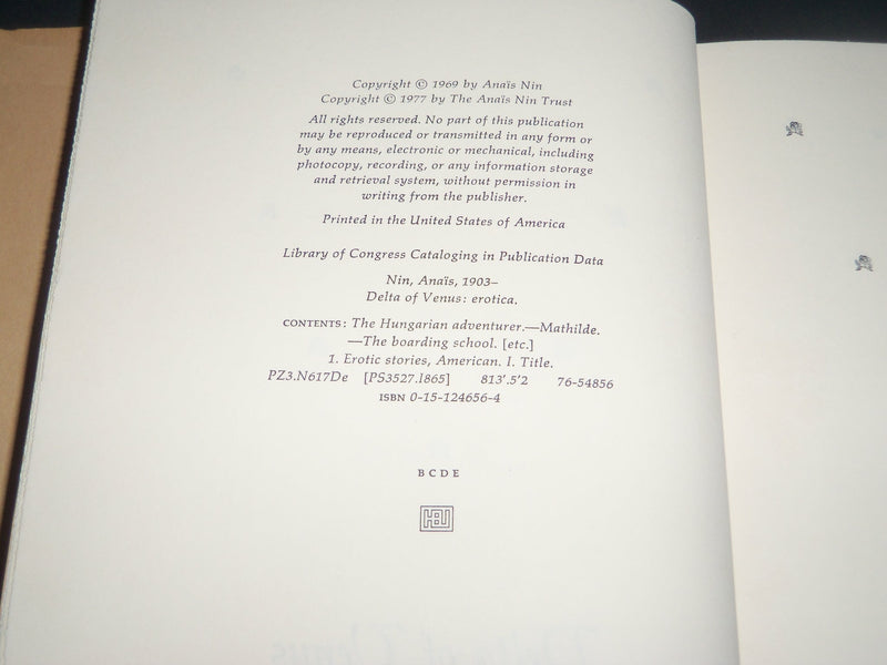 1977 DELTA OF VENUS EROTICA BOOK BY ANAIS NIN - HARDCOVER - KD 5213