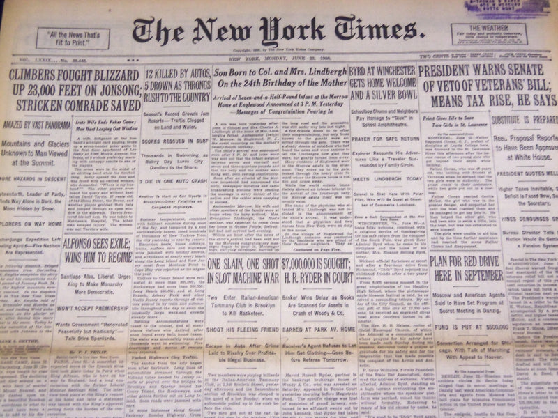 1930 JUNE 23 NEW YORK TIMES - SON BORN TO COL. & MRS. LINDBERGH - NT 1665