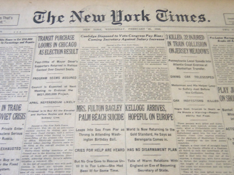 1925 FEBRUARY 25 NEW YORK TIMES - MRS. FULTON BAGLEY PALM BEACH SUICIDE- NT 5448