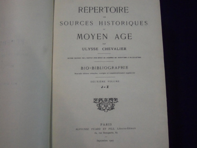 1905 & 1907 REPERTOIRE DES SOURCES HISTORIQUES DU MOYEN AGE LOT OF 2 - KD 2243