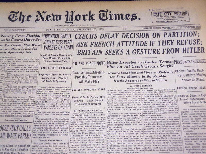 1938 SEPT 20 NEW YORK TIMES - CZECHS DELAY DECISION ON PARTITION, HITLER- NT 612