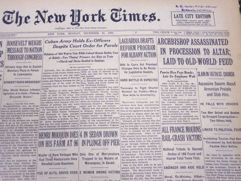 1933 DECEMBER 25 NEW YORK TIMES - ARCHBISHOP ASSASSINATED - NT 5211