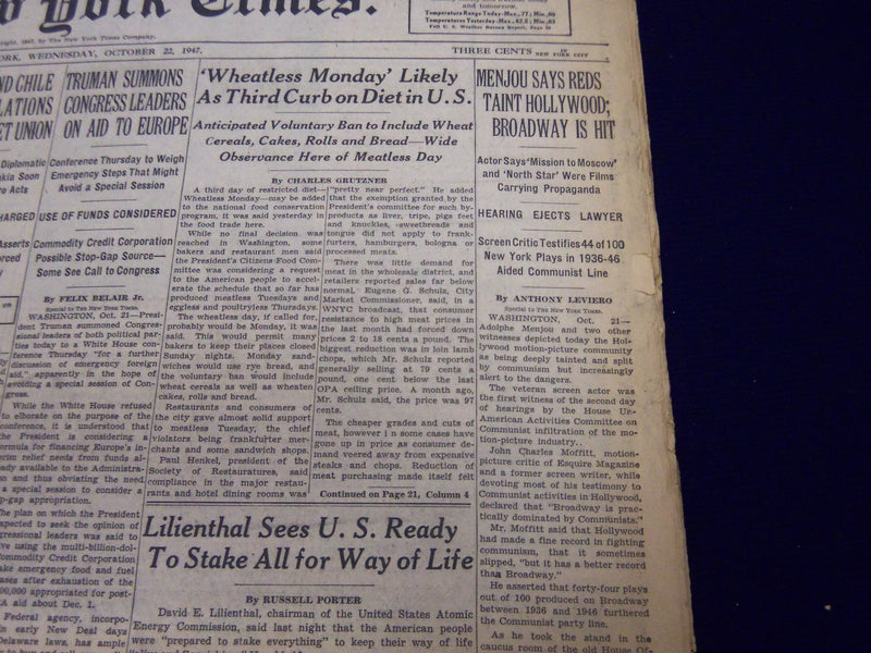 1947 OCT 22 NEW YORK TIMES - MENJOU SAYS REDS TAINT HOLLYWOOD - NT 75