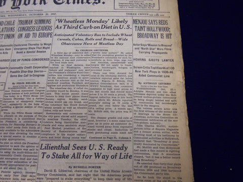 1947 OCT 22 NEW YORK TIMES - MENJOU SAYS REDS TAINT HOLLYWOOD - NT 75