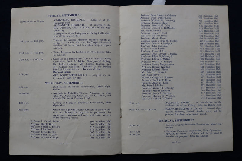 1959 COLUMBIA COLLEGE FRESHMAN WEEK PROGRAM SOFTCOVER PROGRAM - K 924