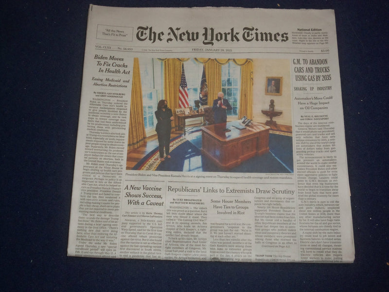 2021 JANUARY 29 NEW YORK TIMES - GM TO ABANDON CARS AND TRUCKS USING GAS BY 2035