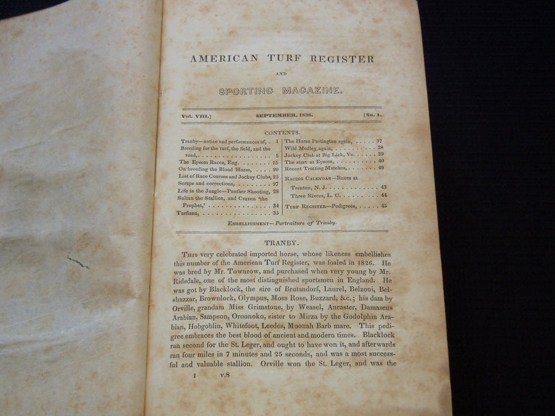 1836-1837 AMERICAN TURF REGISTER AND SPORTING MAGAZINE BOUND VOLUME - KD 7817