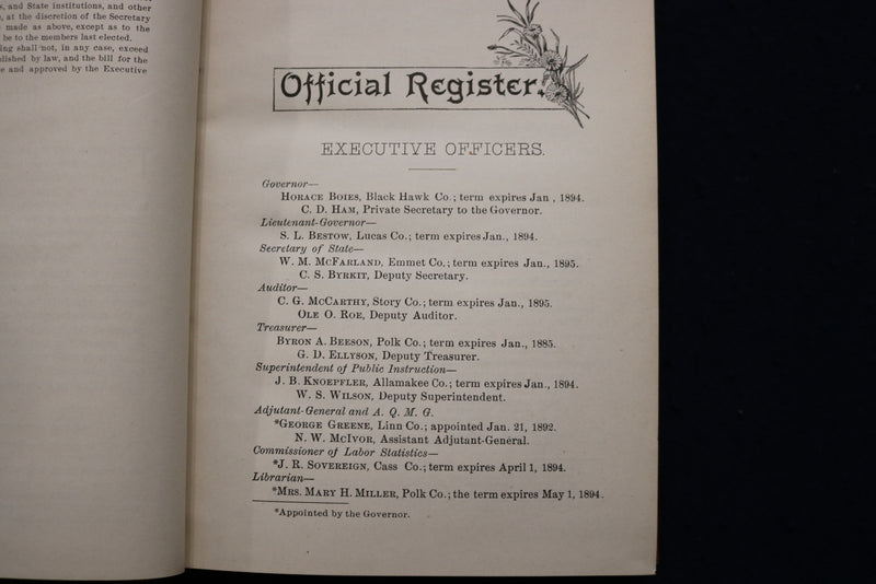 1893 IOWA OFFICIAL REGISTER - HARDCOVER BOOK - K 1768