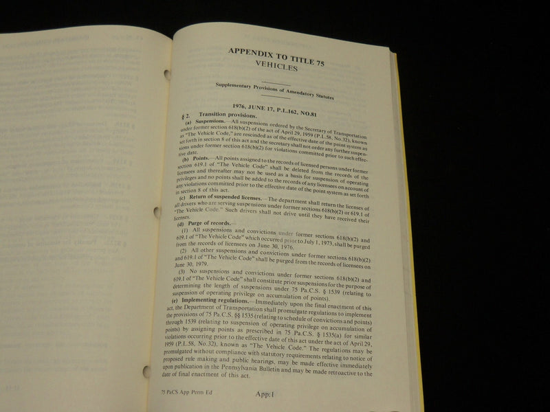 1976 PENNSYLVANIA CONSOLIDATED STATUTES TITLE 75 - LEMMER - VEHICLES - KD 2769T