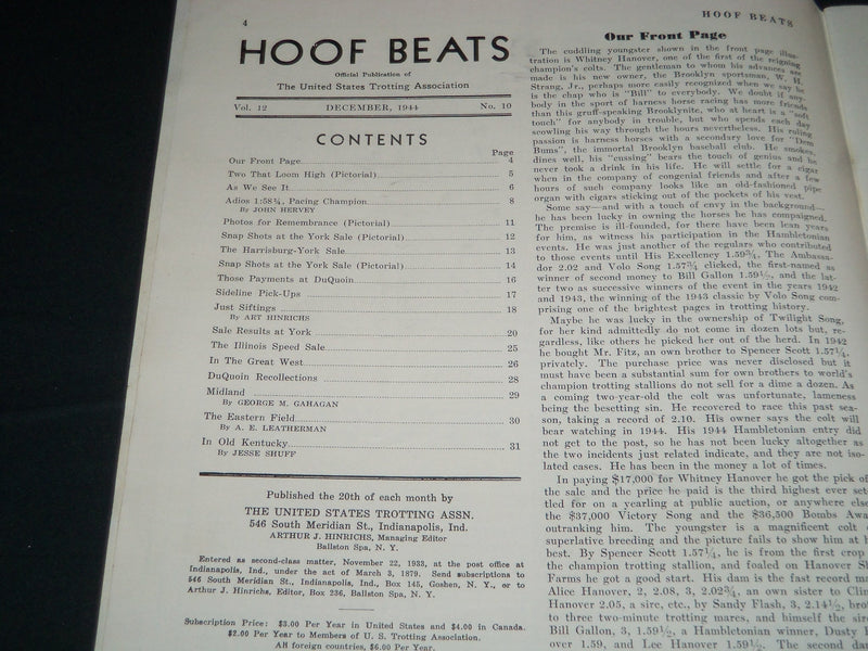 1944 DECEMBER HOOF BEATS MAGAZINE - WHITNEY HANOVER ISSUE - B 6454