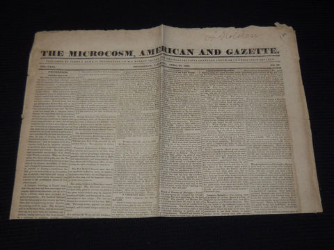 1833 APRIL 27 THE MICROCOSM AMERICAN & GAZETTE NEWSPAPER - PROVIDENCE - NP 3878U