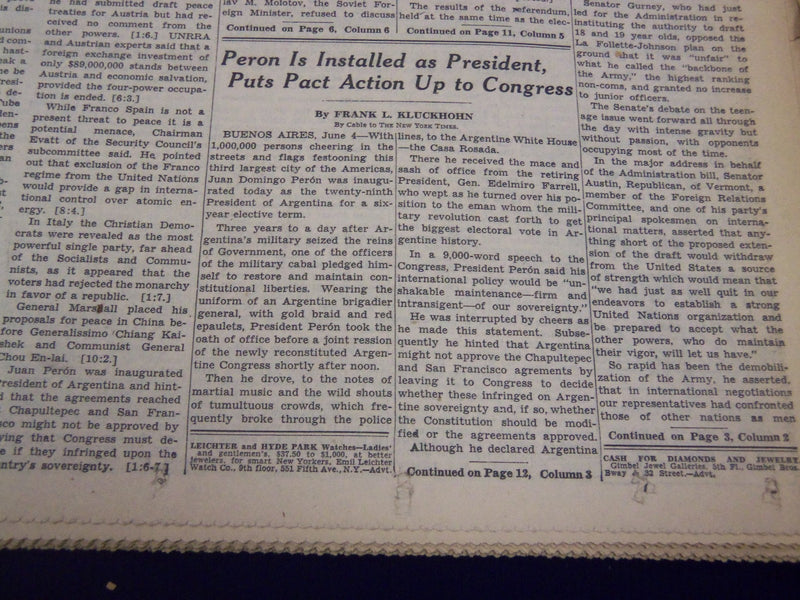 1946 JUNE 5 NEW YORK TIMES - PERON IS INSTALLED AS PRESIDENT - NT 2616