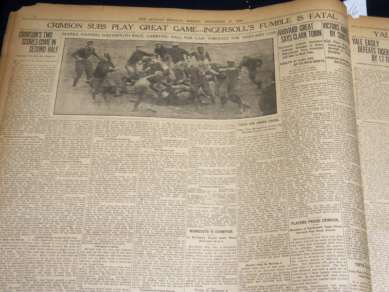 1909 NOVEMBER 14 THE BOSTON HERALD - HARVARD VANQUISHES DARTMOUTH 12-3 - BH 395