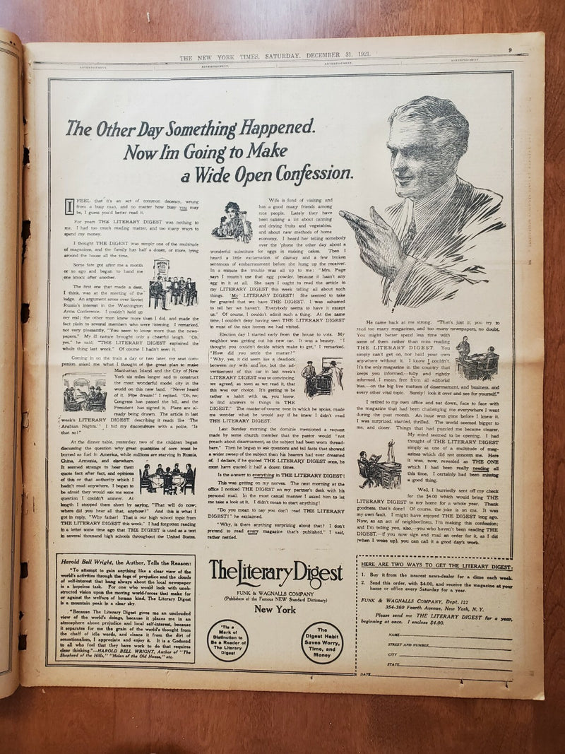 1921 DEC 31 NEW YORK TIMES NEWSPAPER - AIRPLANE CARRIERS RATIO SETTLED - NT 8043