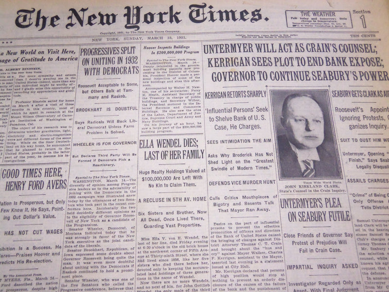 1931 NARCH 15 NEW YORK TIMES - ELLA WENDEL DIES, LAST OF HER FAMILY - NT 4996