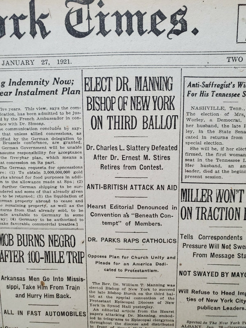 1921 JANUARY 27 NEW YORK TIMES - DR. MANNING ELECTED BISHOP OF NEW YORK- NT 8100
